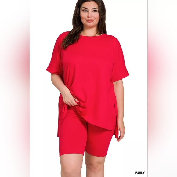 Zenana Full Size Brushed Dty Microfiber Round Neck Top and Biker Shorts Set Plus - Picture 3 of 3